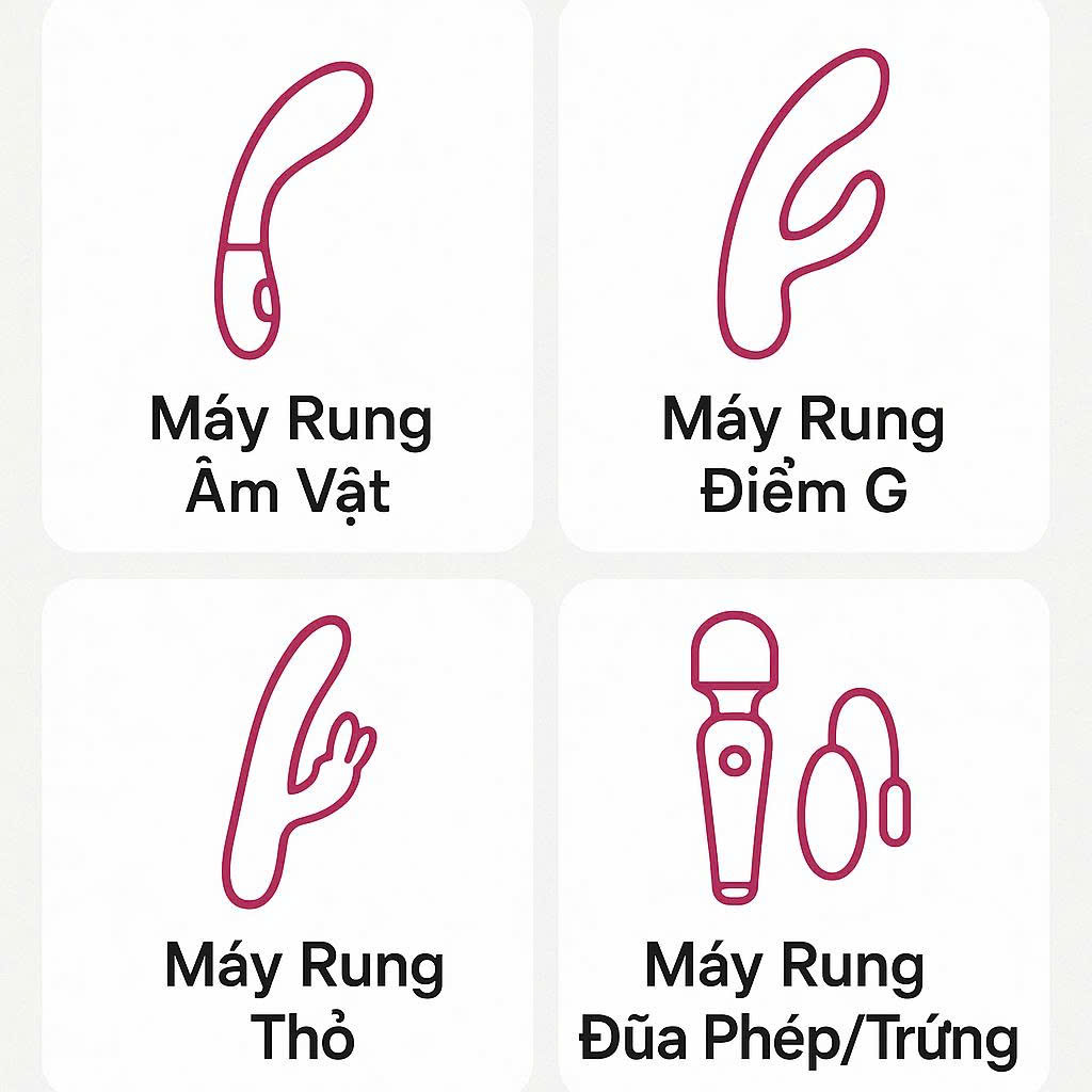 Infographic phân loại các loại máy rung cho nữ phổ biến: máy rung âm vật, điểm G, thỏ và đũa phép.